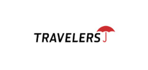 Travelers logo with red umbrella icon.