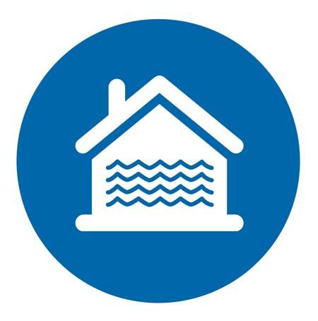 Blue icon of a house with waves inside.