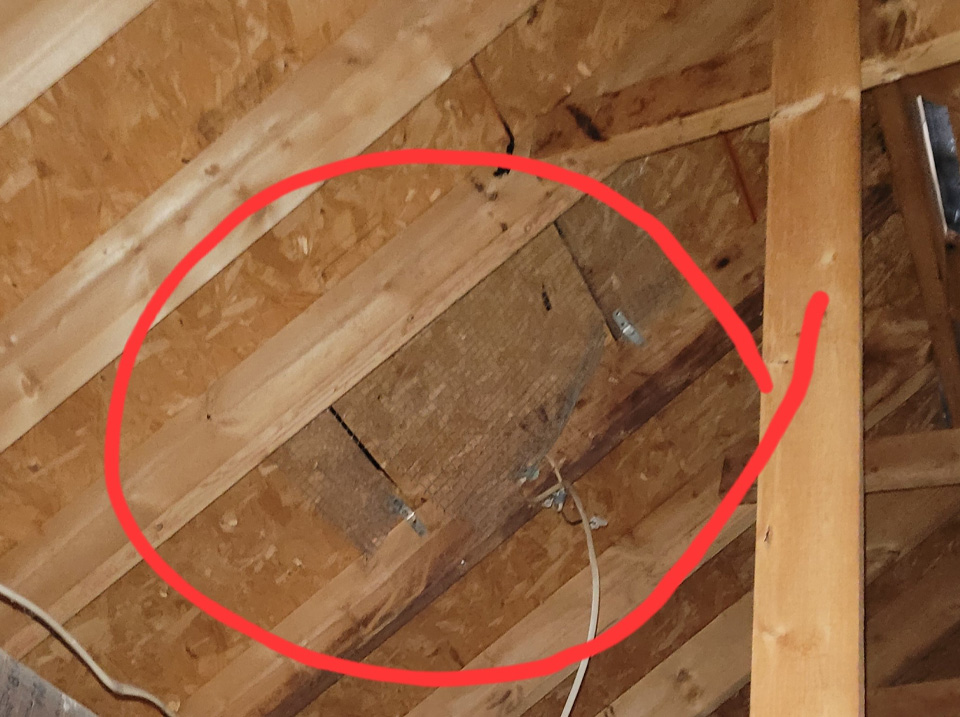 5.  Upon further inspection in the attic, we noticed there were no attic fans. It appeared there once was one, but it had been taken out and covered when the home was re-roofed. 