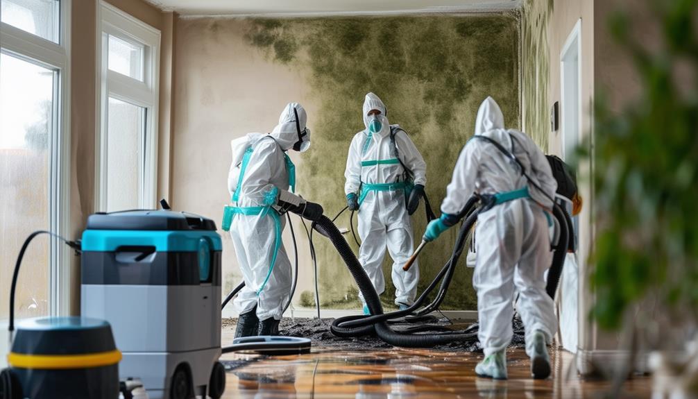 Mold Remediation. Workers in hazmat suits cleaning mold-infested room.